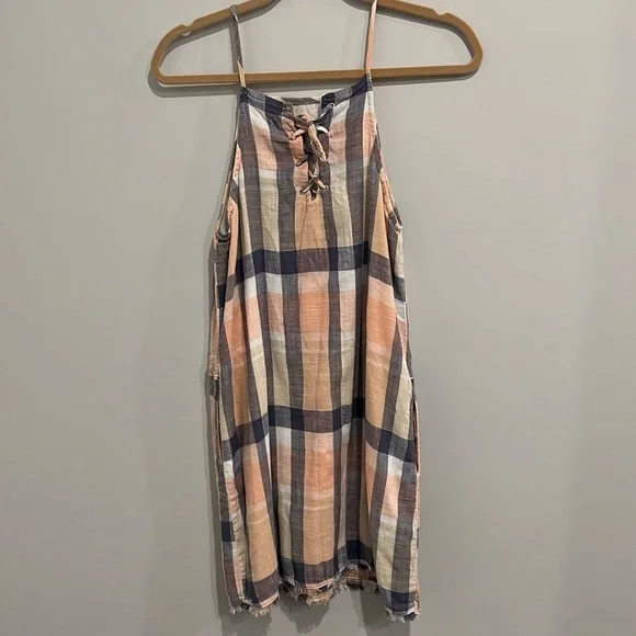 Bella Dahl Dress Lace-Up Back Plaid Midi pink and blue Size Small - Picture 2 of 9